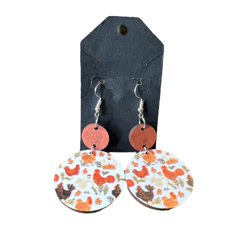 Wooden Round Chicken Print Drop Dangle Earrings